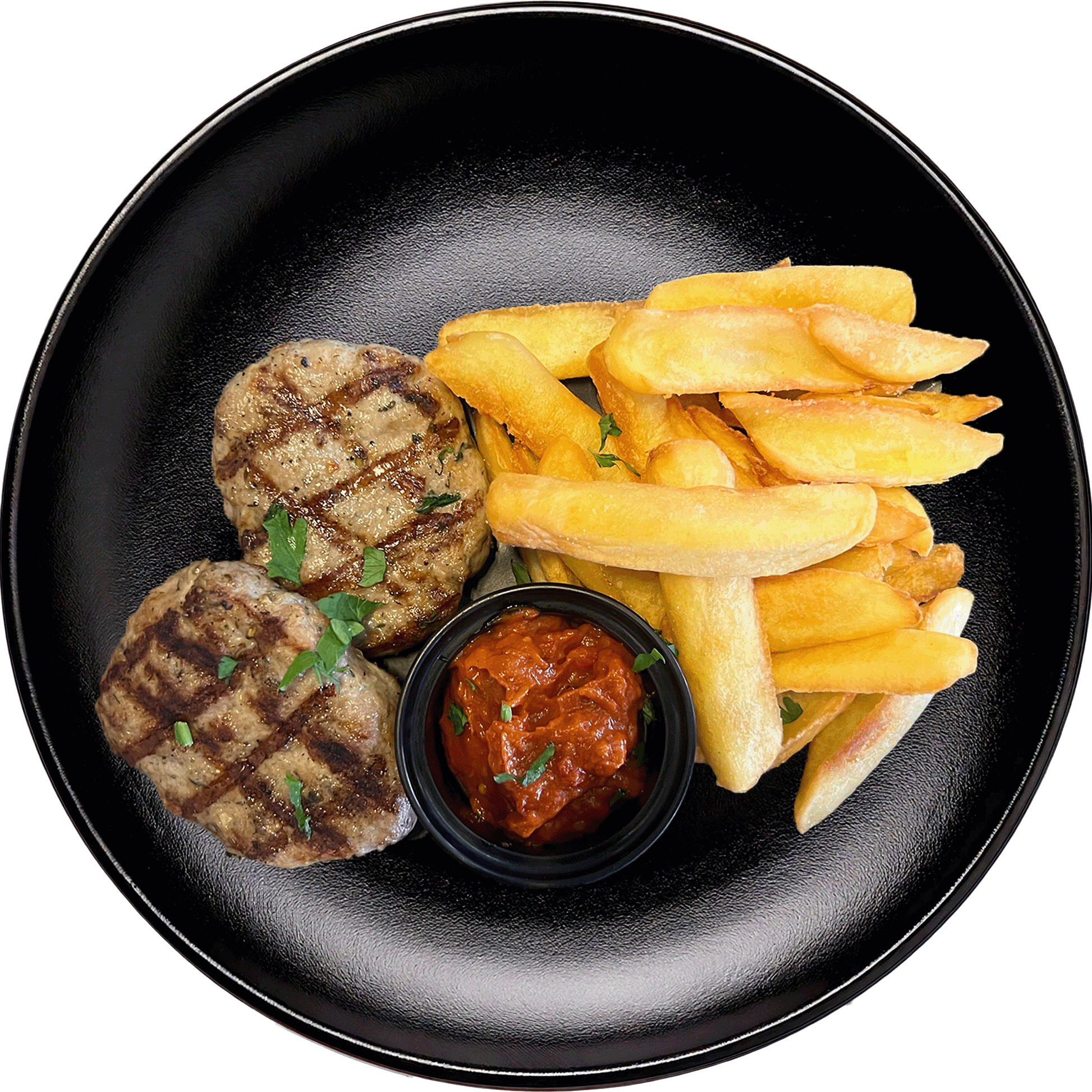 Свински кюфтета на скара с пържени картофи и лютеница